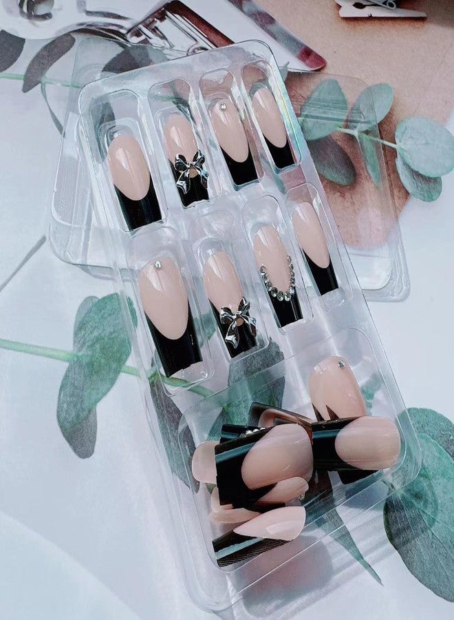 YKZFUI 24Pcs Black French Press on Nails Long Coffin Fake Nails with Charm Bow Design,French Tip DIY Manicure Square False Nails Press ons Glitter Rhinestone Nails Kit for Women,Daily Wear Nail Decorations - Image 5